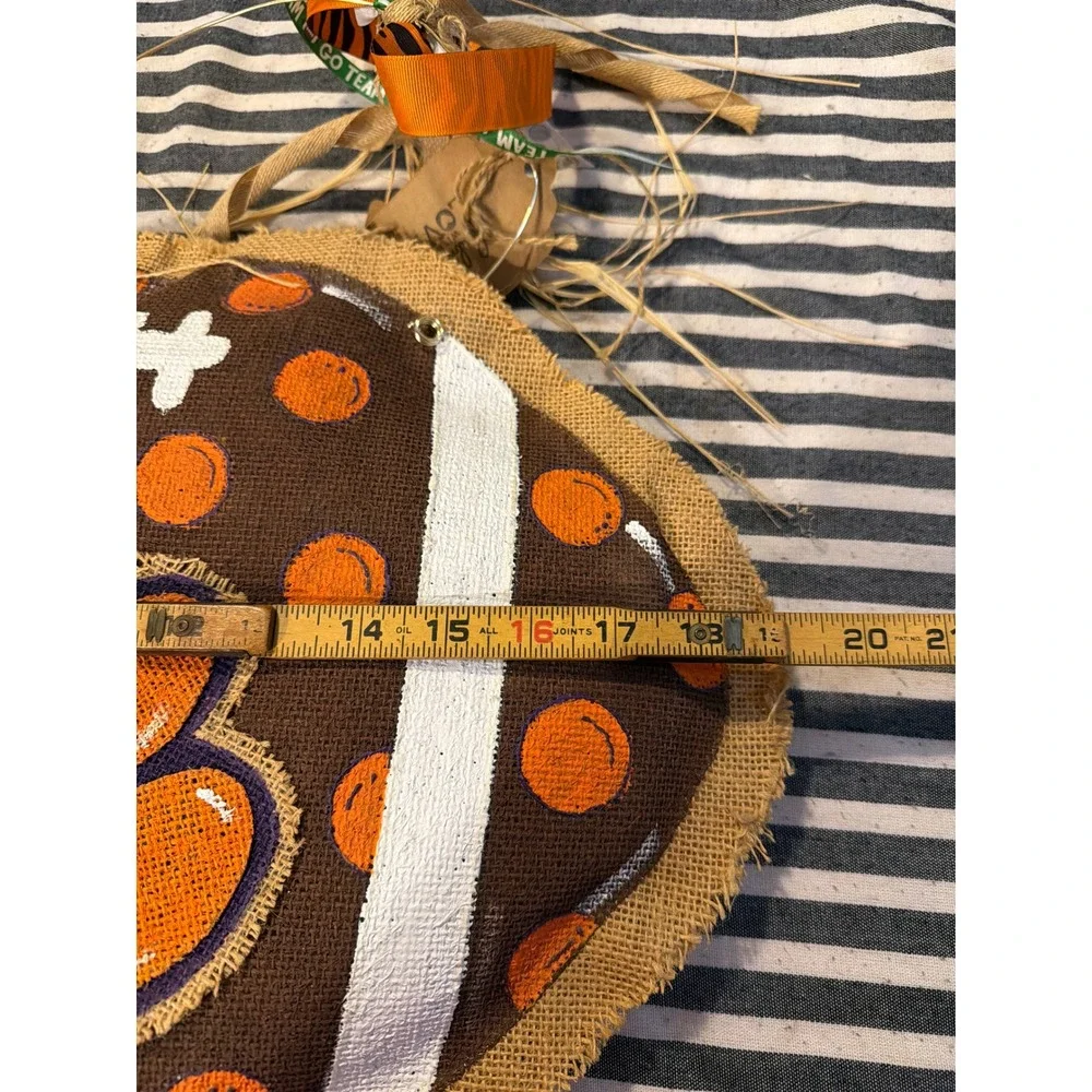 Burlap Football Door Hanger Orange Paw Print Rustic Game Day Decor 18in